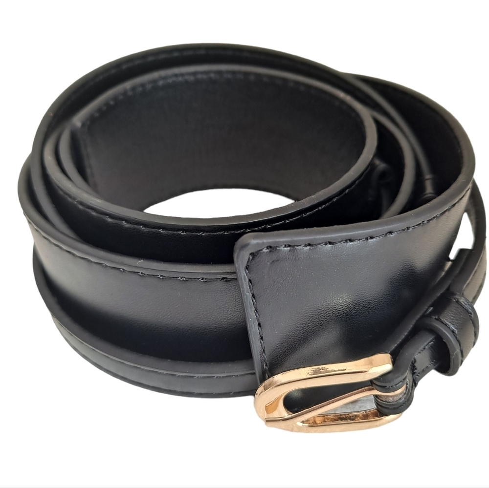 Skinny thick Black faux leather utility corset gold buckle dress wide waist belt - Picture 6 of 7